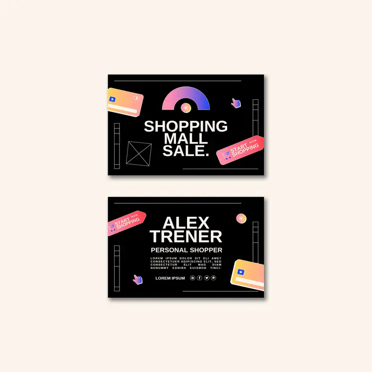 طرح جذاب کارت ویزیت با گرادیان رنگی و تم تخفیف، ایده‌آل برای کسب‌وکارهای فروش ویژه و کمپین‌های تبلیغاتی – لایه باز و قابل ویرایش در فتوشاپ