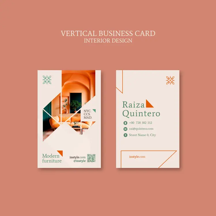 طرح لایه باز کارت ویزیت عمودی طراحی داخلی با طراحی شیک و قابل ویرایش ویژه طراحان دکوراسیون